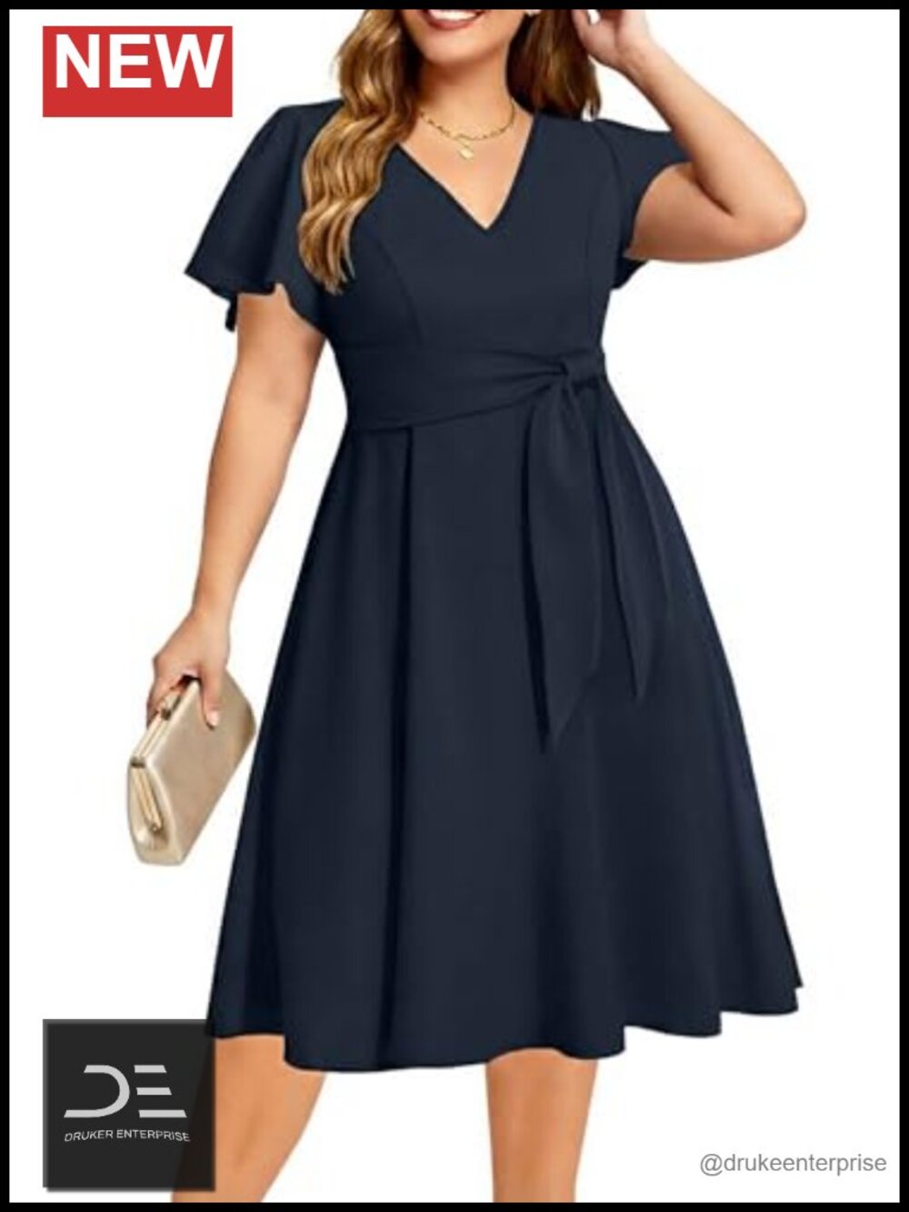 Plus Size V Neck A-Line Midi Wedding Guest Dress Short Sleeve Belted